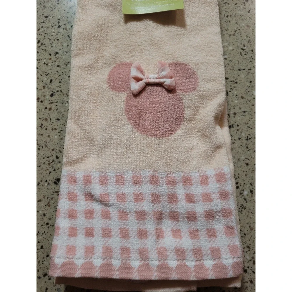 Disney Minnie Mouse Set Of 2 Kitchen Tea Towels Pink Peach White Gingham NWT